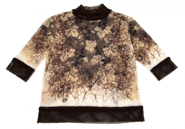 ジャンポールゴルチエ クラシックJean Paul GAULTIER CLASSIQUE メッシュ切替ボタニカルプリントパワーネットTシャツ ベージュ茶白40 K-98862_002