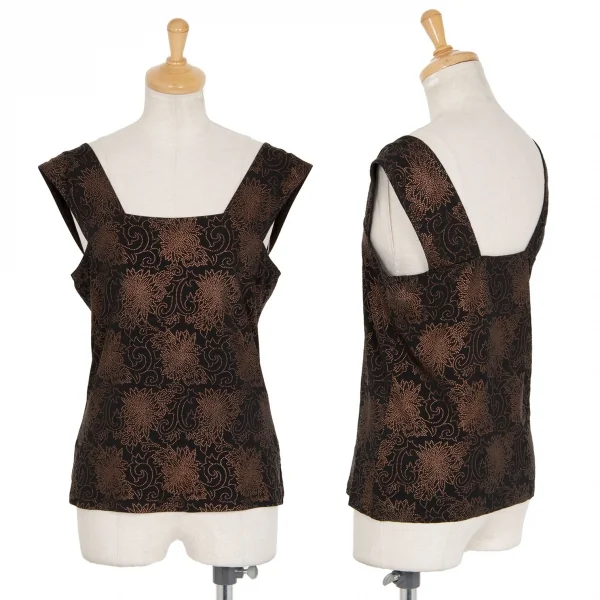 ヒロココシノHIROKO KOSHINO レーヨングリッター花柄刺繍ストレッチノースリーブトップス 黒11 K-98877_001