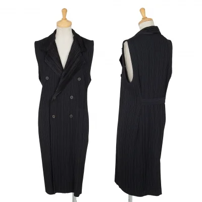 イッセイミヤケISSEY MIYAKE起毛ラペルノースリーブロングプリーツジャケット 黒