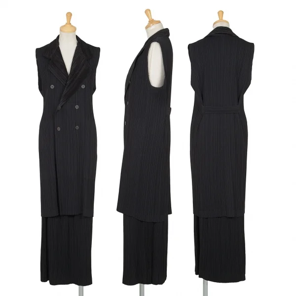 イッセイミヤケISSEY MIYAKE起毛切替ロングプリーツスカート 黒M K-98938_010