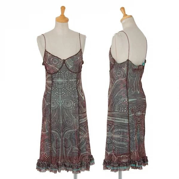 ジャンポールゴルチエ ファムJean Paul GAULTIER FEMME トライバル柄パワーネットキャミワンピース エンジ水色40 K-99087_001