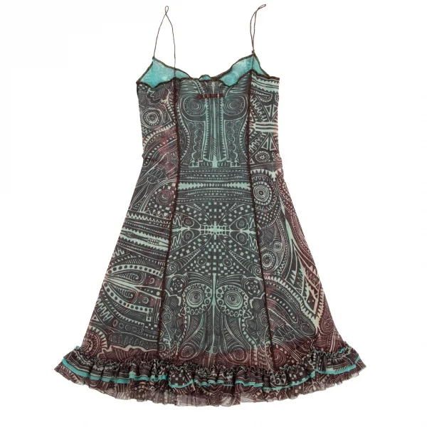 ジャンポールゴルチエ ファムJean Paul GAULTIER FEMME トライバル柄パワーネットキャミワンピース エンジ水色40 K-99087_012
