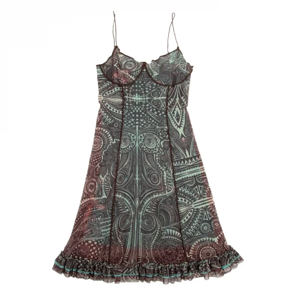 ジャンポールゴルチエ ファムJean Paul GAULTIER FEMME トライバル柄パワーネットキャミワンピース エンジ水色40 K-99087_002