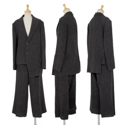 ヨウジヤマモト ノアールYohji Yamamoto NOIR アルパカ混アシンメトリーピークドラペルセットアップ 黒グレー
