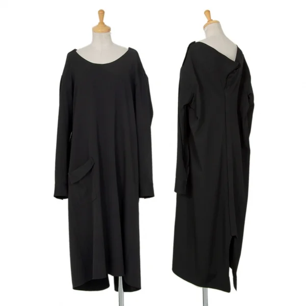 ヨウジヤマモト ファムYohji Yamamoto FEMME ウールギャババック比翼ボタンポケットデザインロングワンピース 黒1 K-99151_001