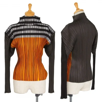 プリーツプリーズPLEATS PLEASE ボーダーカラーブロックハイネックカットソー チャコールオレンジ