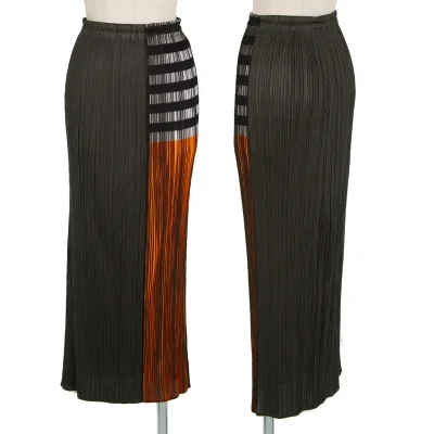 プリーツプリーズPLEATS PLEASE ボーダーカラーブロックスカート チャコールオレンジ