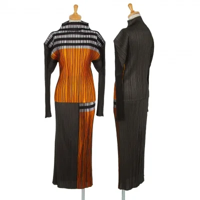 プリーツプリーズPLEATS PLEASE ボーダーカラーブロックセットアップ チャコールオレンジ