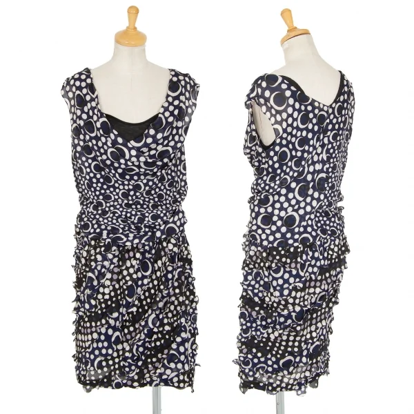 ダイアンフォンファステンバーグDIANE VON FURSTENBERG シルクドット貼り付けデザインドレープレイヤードノースリーブワンピース 紺白0 K-99213_001