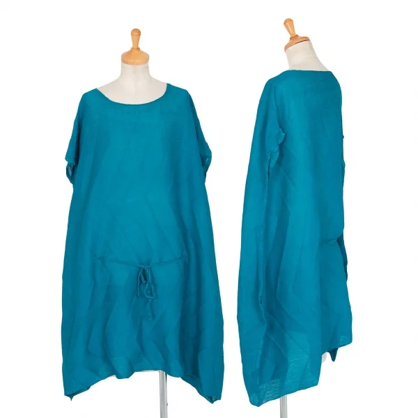 イッセイミヤケ ミーISSEY MIYAKE me ジグザグプリーツウエスト縛りデザインワイドシルエットノースリーブワンピース ターコイズF K-99335_001