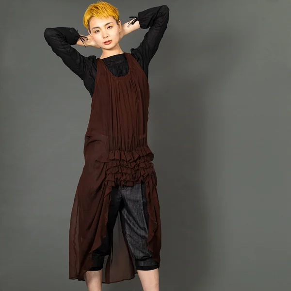 ジャンポールゴルチエ ファムJean Paul GAULTIER FEMME シースルーギャザーフリルノースリーブワンピース 茶40 K-99354_018