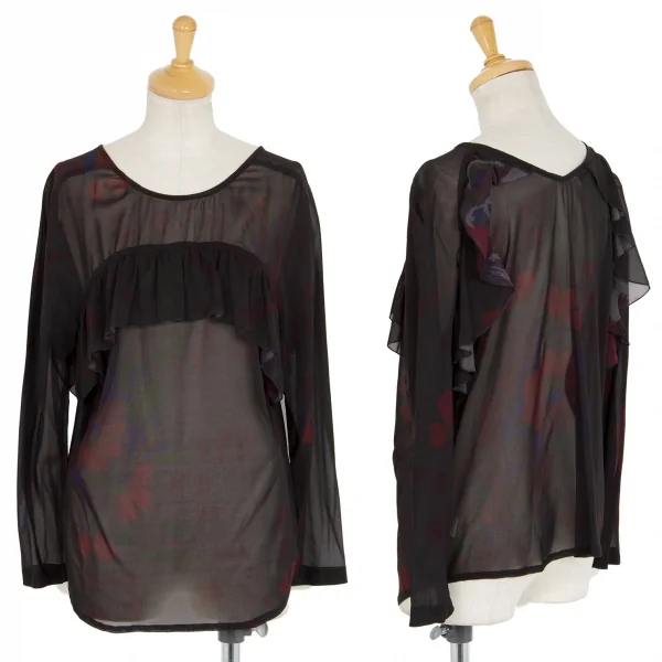 ドリスヴァンノッテンDRIES VAN NOTEN フラワープリントシルクシフォンギャザーフリル切替トップス 黒36 K-99601_001