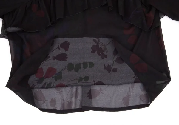ドリスヴァンノッテンDRIES VAN NOTEN フラワープリントシルクシフォンギャザーフリル切替トップス 黒36 K-99601_010