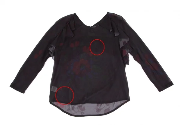 ドリスヴァンノッテンDRIES VAN NOTEN フラワープリントシルクシフォンギャザーフリル切替トップス 黒36 K-99601_011