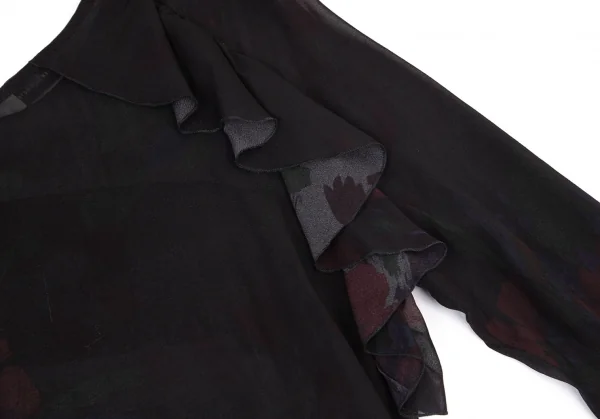 ドリスヴァンノッテンDRIES VAN NOTEN フラワープリントシルクシフォンギャザーフリル切替トップス 黒36 K-99601_014