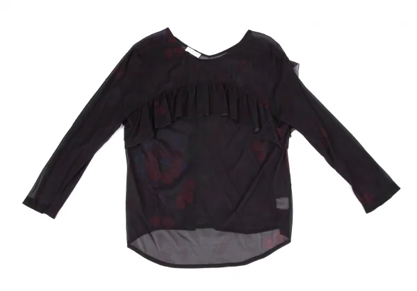 ドリスヴァンノッテンDRIES VAN NOTEN フラワープリントシルクシフォンギャザーフリル切替トップス 黒36 K-99601_002
