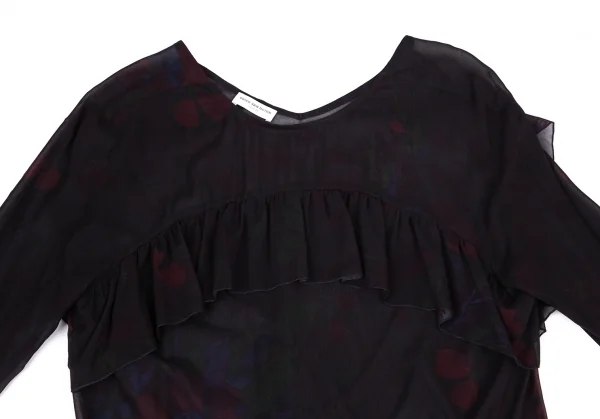 ドリスヴァンノッテンDRIES VAN NOTEN フラワープリントシルクシフォンギャザーフリル切替トップス 黒36 K-99601_003