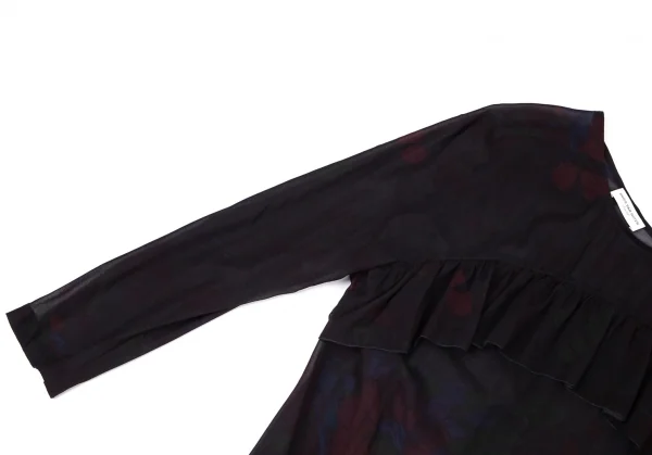 ドリスヴァンノッテンDRIES VAN NOTEN フラワープリントシルクシフォンギャザーフリル切替トップス 黒36 K-99601_004