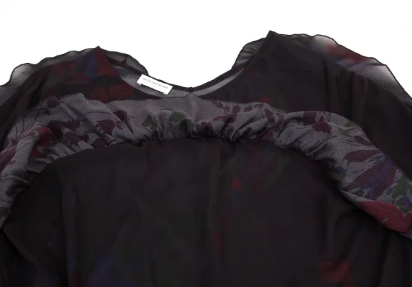 ドリスヴァンノッテンDRIES VAN NOTEN フラワープリントシルクシフォンギャザーフリル切替トップス 黒36 K-99601_005