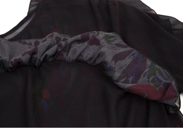 ドリスヴァンノッテンDRIES VAN NOTEN フラワープリントシルクシフォンギャザーフリル切替トップス 黒36 K-99601_006