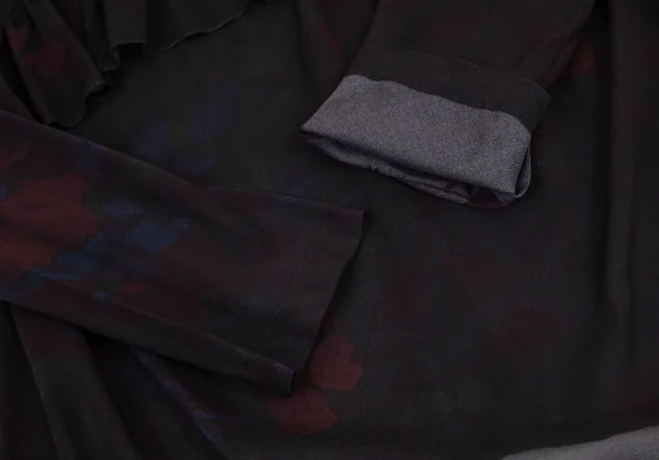 ドリスヴァンノッテンDRIES VAN NOTEN フラワープリントシルクシフォンギャザーフリル切替トップス 黒36 K-99601_007