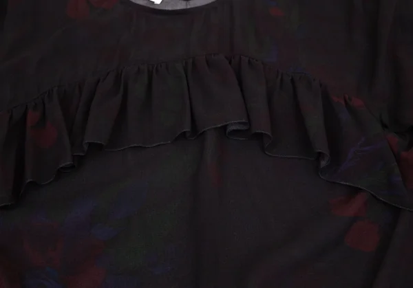 ドリスヴァンノッテンDRIES VAN NOTEN フラワープリントシルクシフォンギャザーフリル切替トップス 黒36 K-99601_008