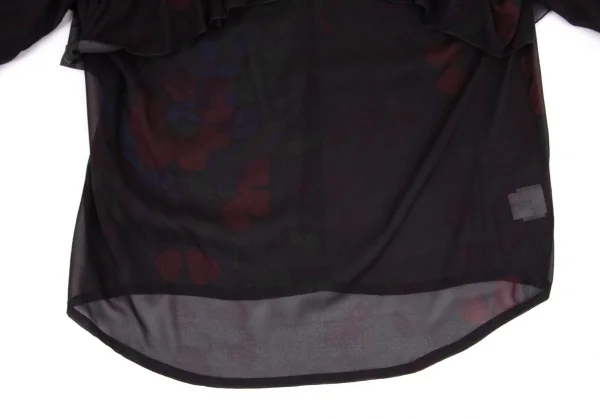 ドリスヴァンノッテンDRIES VAN NOTEN フラワープリントシルクシフォンギャザーフリル切替トップス 黒36 K-99601_009