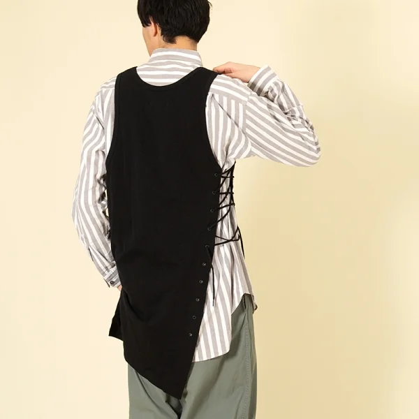 ワイズフォーメンY's for men コットンリネンサイド編み上げアシンメトリーロングタンクトップ 黒3 K-99655_011