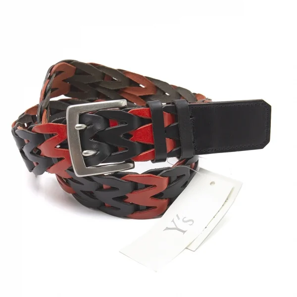 ワイズY's 編み込みツートンレザーベルト 黒赤 K-99704_001
