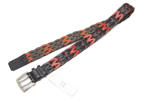 ワイズY's 編み込みツートンレザーベルト 黒赤 K-99704_002