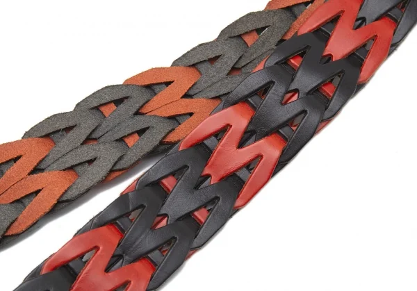 ワイズY's 編み込みツートンレザーベルト 黒赤 K-99704_003