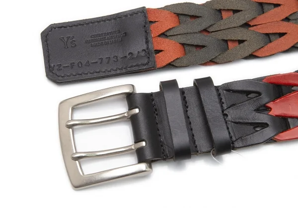 ワイズY's 編み込みツートンレザーベルト 黒赤 K-99704_004