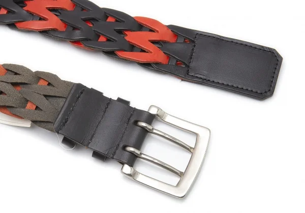 ワイズY's 編み込みツートンレザーベルト 黒赤 K-99704_006