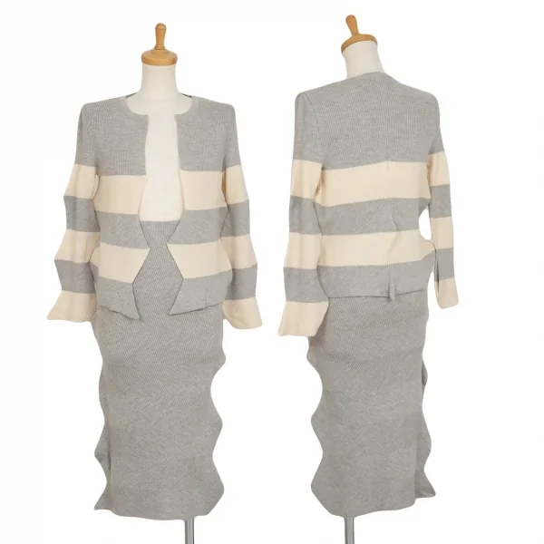 イッセイミヤケ ハートISSEY MIYAKE HaaT ジグザグシルエットボーダーリブニットカーディガン グレークリーム2 K-99938_013