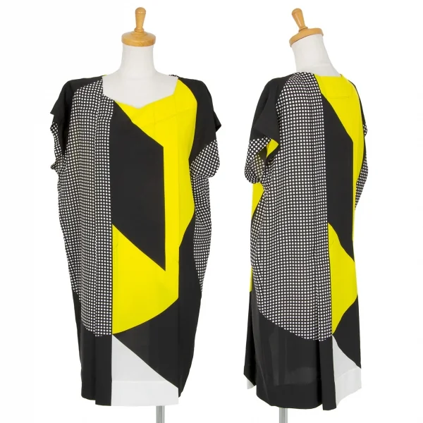 イッセイミヤケISSEY MIYAKE ドットパネルプリントノースリーブチュニック 黒白黄2 K-99970_001
