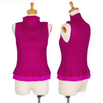 プリーツプリーズPLEATS PLEASE メッシュレイヤードハイネックノースリーブ ショッキングピンク