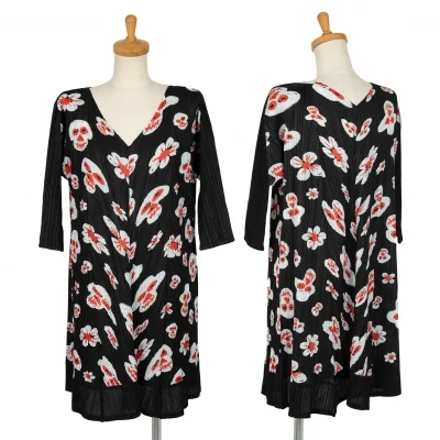 プリーツプリーズPLEATS PLEASE スカルフラワープリントワンピース 黒