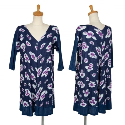 プリーツプリーズPLEATS PLEASE スカルフラワープリントワンピース 紺