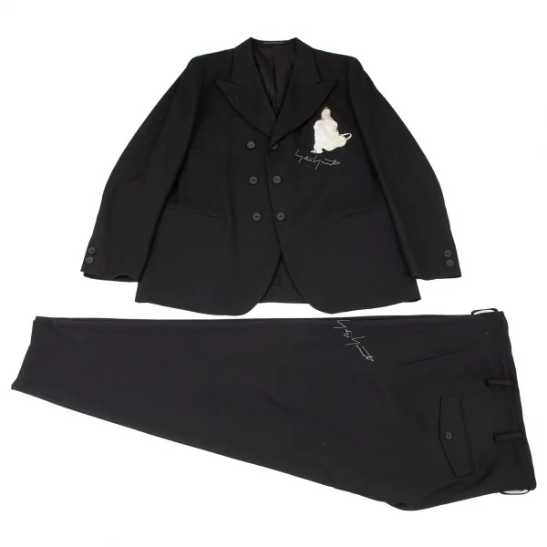 ヨウジヤマモト プールオムYohji Yamamoto POUR HOMME 復刻ウールギャバロゴ刺繍スラックスパンツ 黒2 K-100305_012