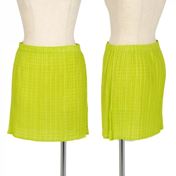 プリーツプリーズPLEATS PLEASE ボーダー織りミニスカート 黄緑F K-100388_001