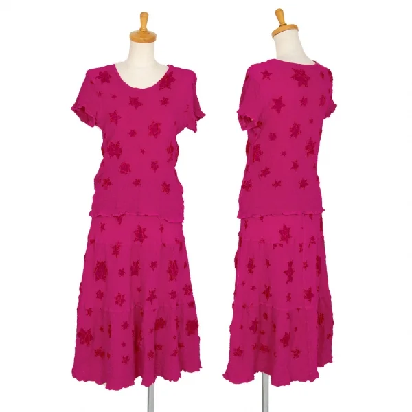 イッセイミヤケ ミーISSEY MIYAKE me ベロアフロッキーカリフラワーTシャツ ピンクF K-100395_013