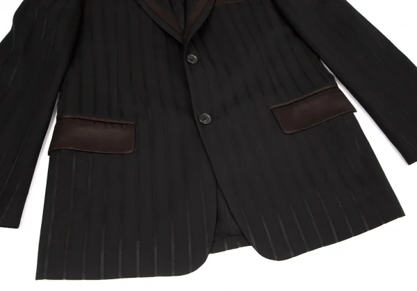 ヨウジヤマモト プールオムYohji Yamamoto POUR HOMME シルクサテン切替ストライプジャケット 黒2 K-100414_010