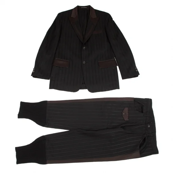 ヨウジヤマモト プールオムYohji Yamamoto POUR HOMME シルクサテン切替ストライプセットアップスーツ 黒2 K-100416_001