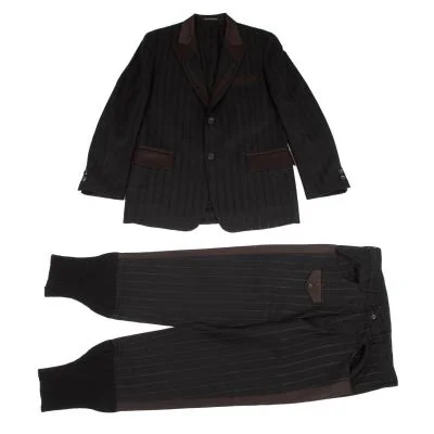 ヨウジヤマモト プールオムYohji Yamamoto POUR HOMME シルクサテン切替ストライプセットアップスーツ 黒