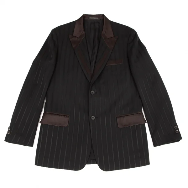 ヨウジヤマモト プールオムYohji Yamamoto POUR HOMME シルクサテン切替ストライプセットアップスーツ 黒2 K-100416_002