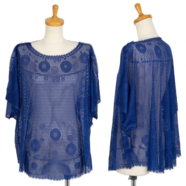 イッセイミヤケ ミーISSEY MIYAKE me A-POC INSIDE カッティングドットメッシュドルマン半袖トップス 青F K-100464_001