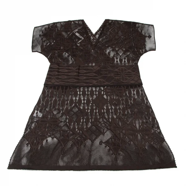 イッセイミヤケ ミーISSEY MIYAKE me A-POC INSIDE カッティングフラワーメッシュVネック半袖ワンピース 茶F K-100470_011