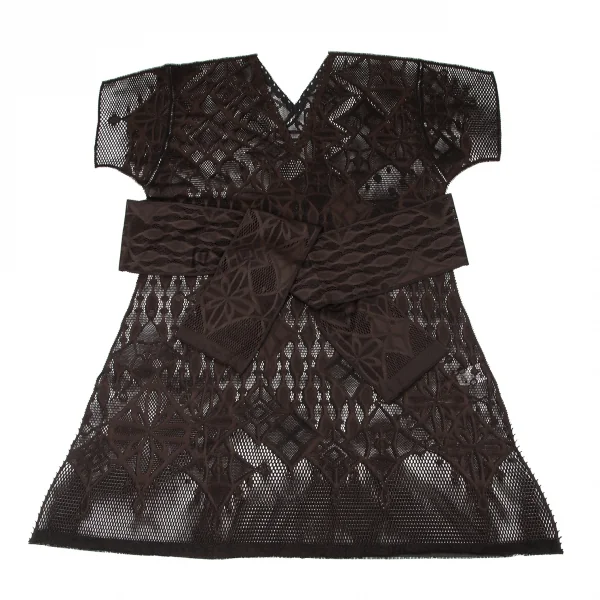 イッセイミヤケ ミーISSEY MIYAKE me A-POC INSIDE カッティングフラワーメッシュVネック半袖ワンピース 茶F K-100470_002
