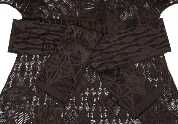 イッセイミヤケ ミーISSEY MIYAKE me A-POC INSIDE カッティングフラワーメッシュVネック半袖ワンピース 茶F K-100470_006
