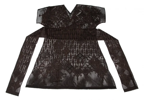 イッセイミヤケ ミーISSEY MIYAKE me A-POC INSIDE カッティングフラワーメッシュVネック半袖ワンピース 茶F K-100470_008